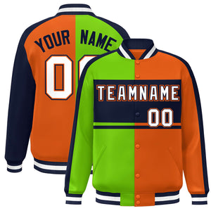 Custom Neon Green Orange Navy-White Color Block Bomber Varsity Baseball Jacket