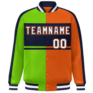 Custom Neon Green Orange Navy-White Color Block Bomber Varsity Baseball Jacket