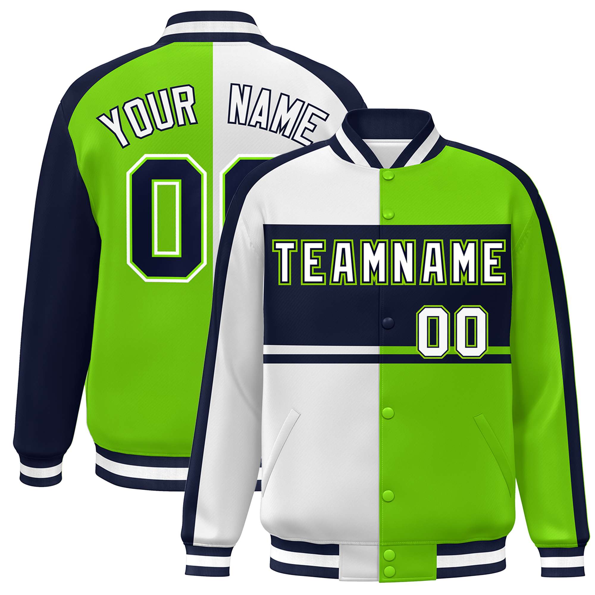 Custom White Neon Green-Navy Color Block Bomber Varsity Baseball Jacket