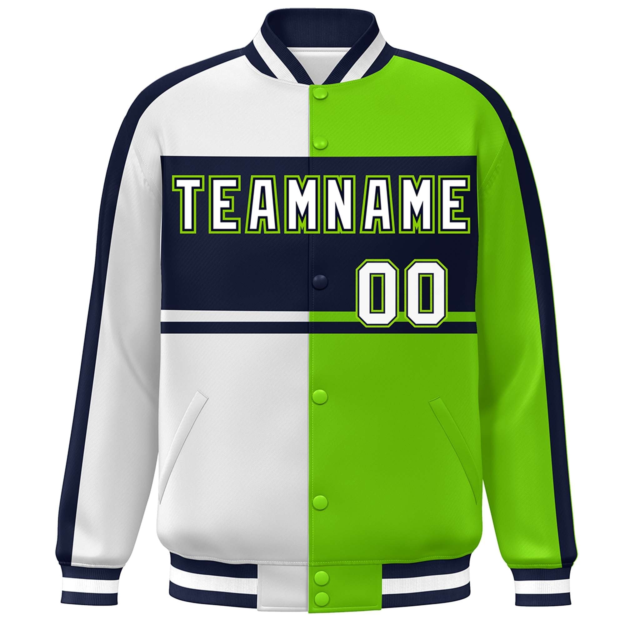 Custom White Neon Green-Navy Color Block Bomber Varsity Baseball Jacket