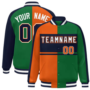 Custom Orange Green Navy-White Color Block Bomber Varsity Baseball Jacket