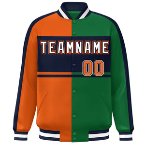 Custom Orange Green Navy-White Color Block Bomber Varsity Baseball Jacket