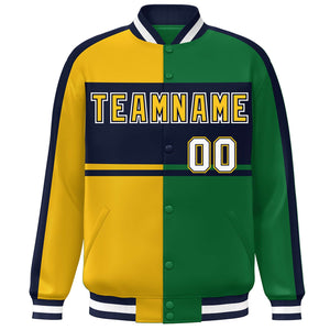 Custom Gold Green Navy-White Color Block Bomber Varsity Baseball Jacket