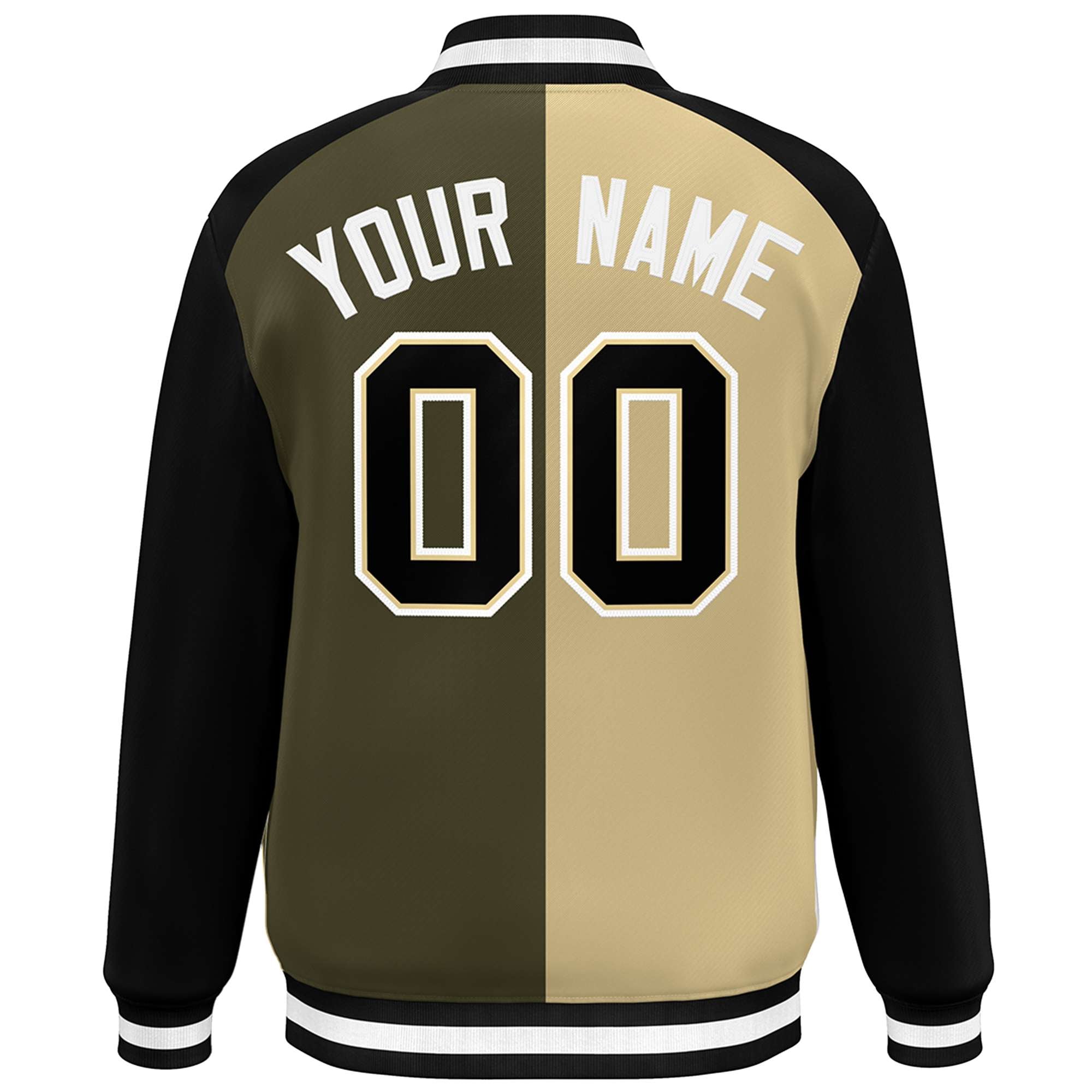 Custom Khaki Olive Black-White Color Block Bomber Varsity Baseball Jacket