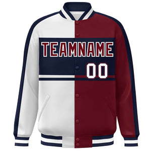 Custom White Crimson-Navy Color Block Bomber Varsity Full-Snap Baseball Jacket