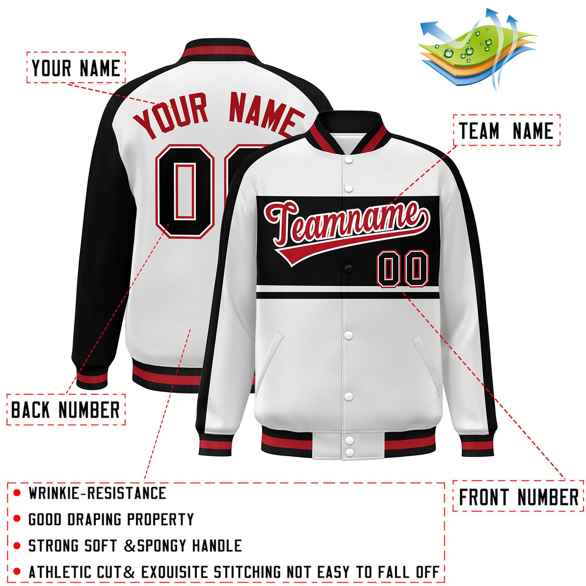 Custom White Black-Red Color Block Bomber Varsity Baseball Jacket