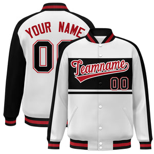 Custom White Black-Red Color Block Bomber Varsity Baseball Jacket