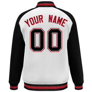 Custom White Black-Red Color Block Bomber Varsity Baseball Jacket