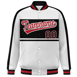 Custom White Black-Red Color Block Bomber Varsity Baseball Jacket