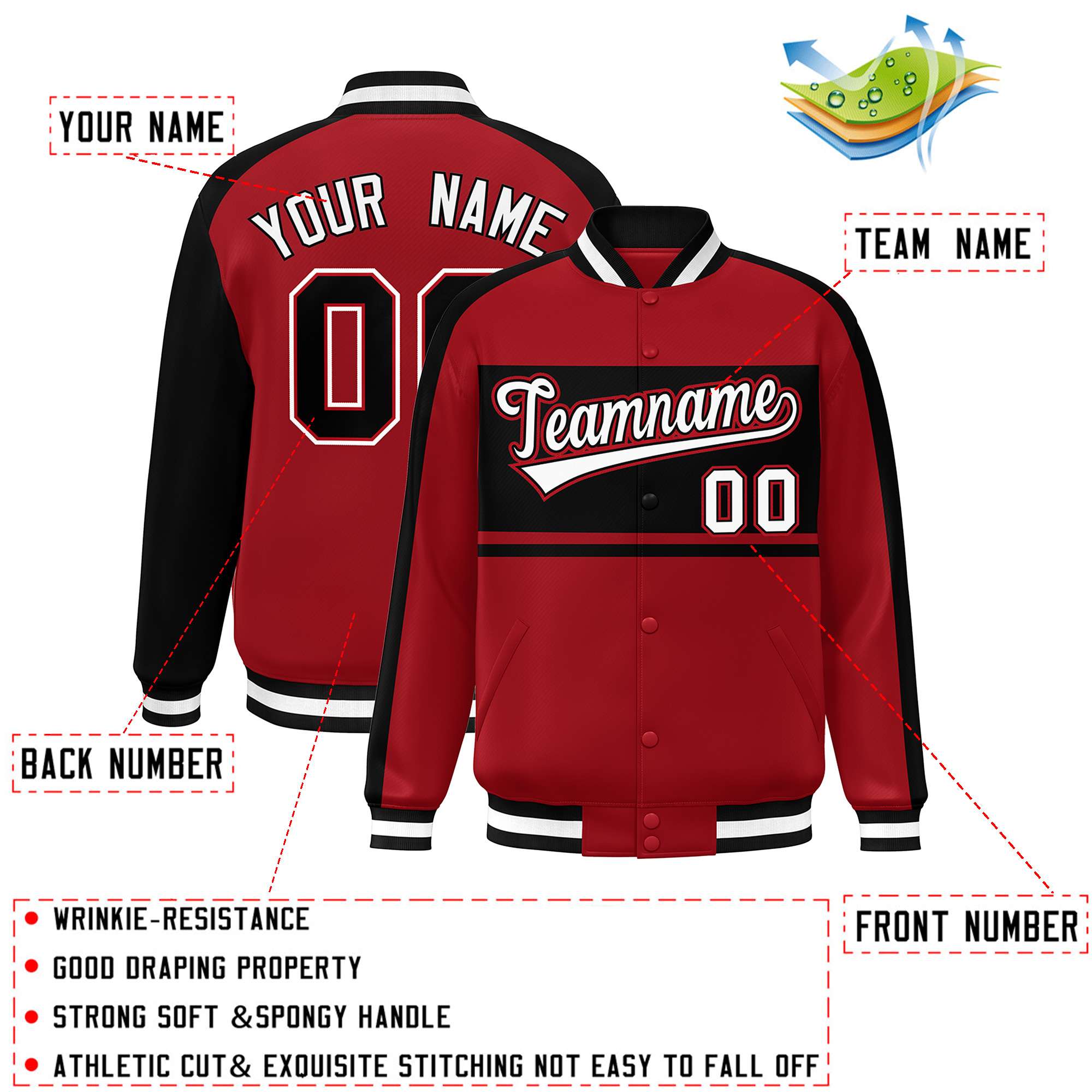 Custom Red Black-White Color Block Bomber Varsity Baseball Jacket