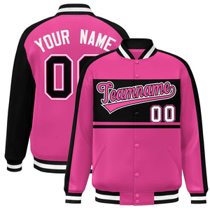 Custom Pink Black-White Color Block Bomber Varsity Baseball Jacket