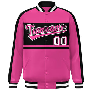 Custom Pink Black-White Color Block Bomber Varsity Baseball Jacket