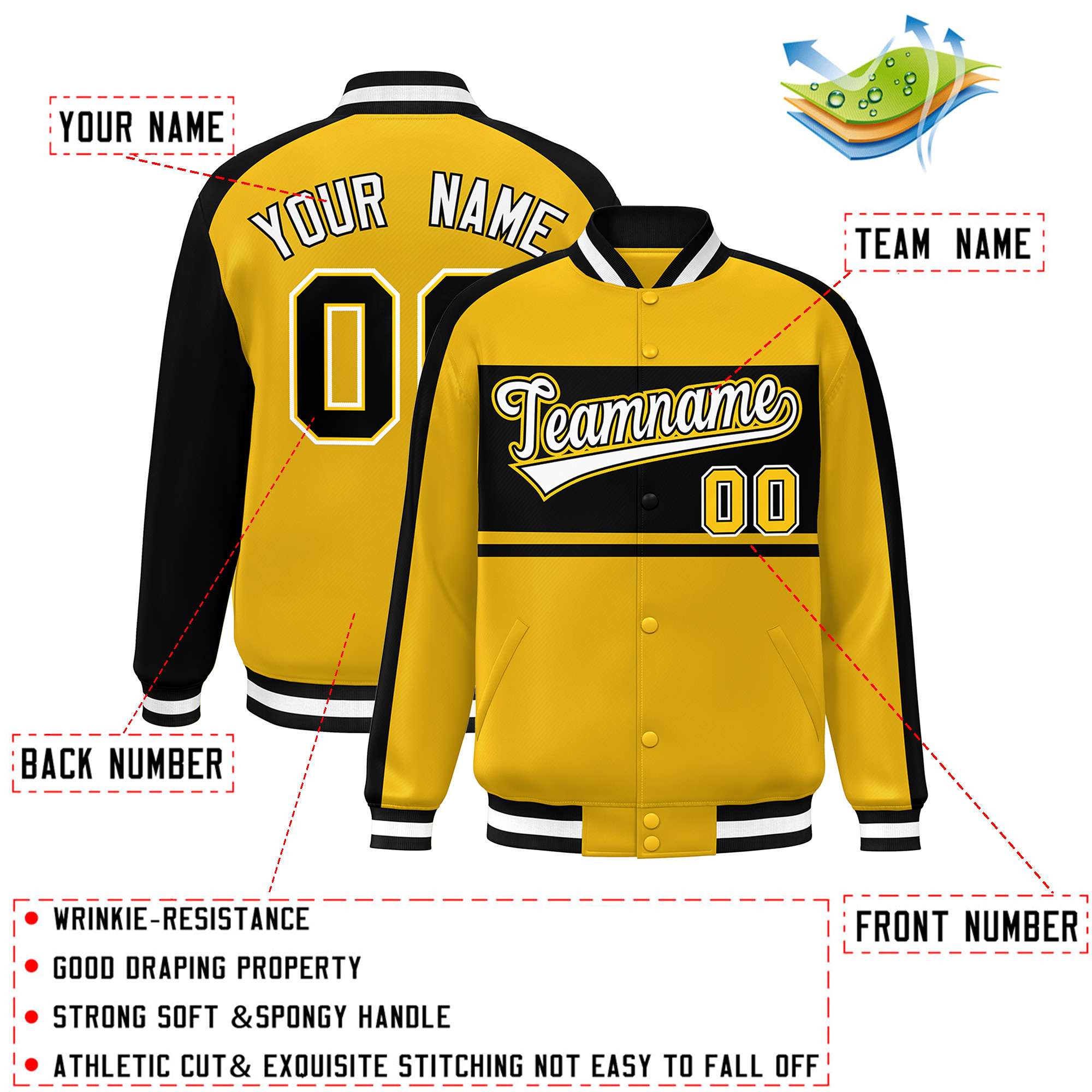 Custom Gold Black-White Color Block Bomber Varsity Baseball Jacket