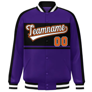 Custom Purple Black-White Color Block Bomber Varsity Baseball Jacket