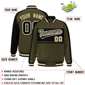 Custom Olive Black-White Color Block Bomber Varsity Baseball Jacket