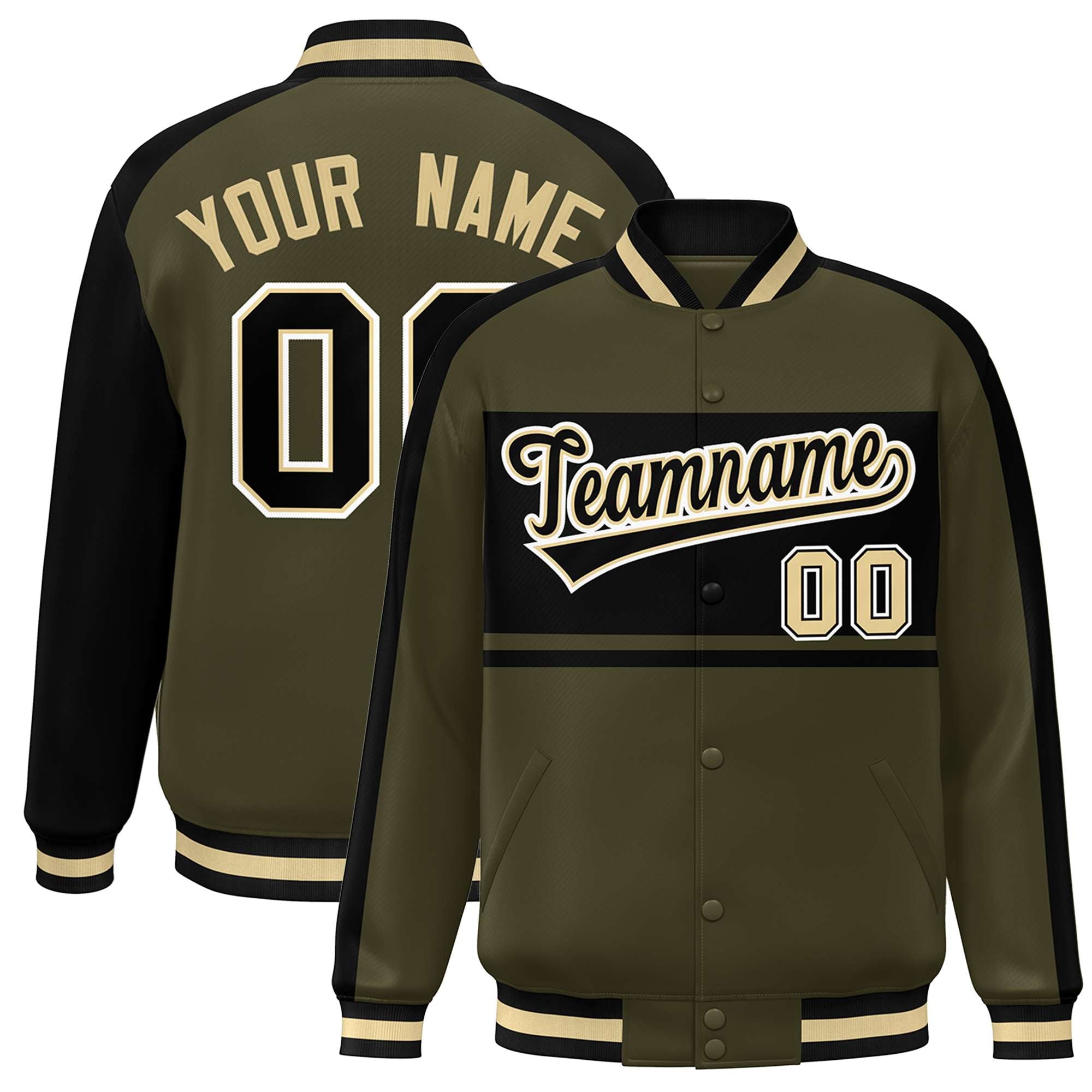 Custom Olive Black-White Color Block Bomber Varsity Baseball Jacket