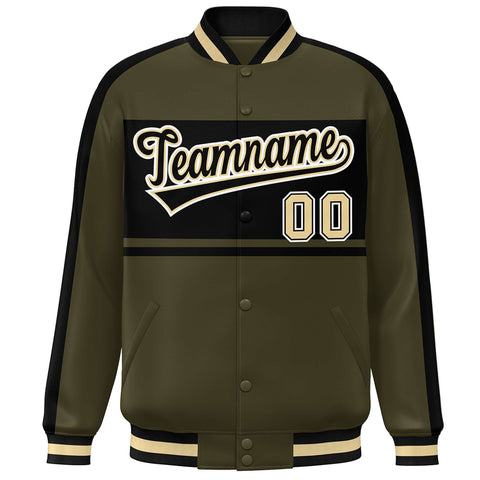 Custom Olive Black-White Color Block Bomber Varsity Baseball Jacket