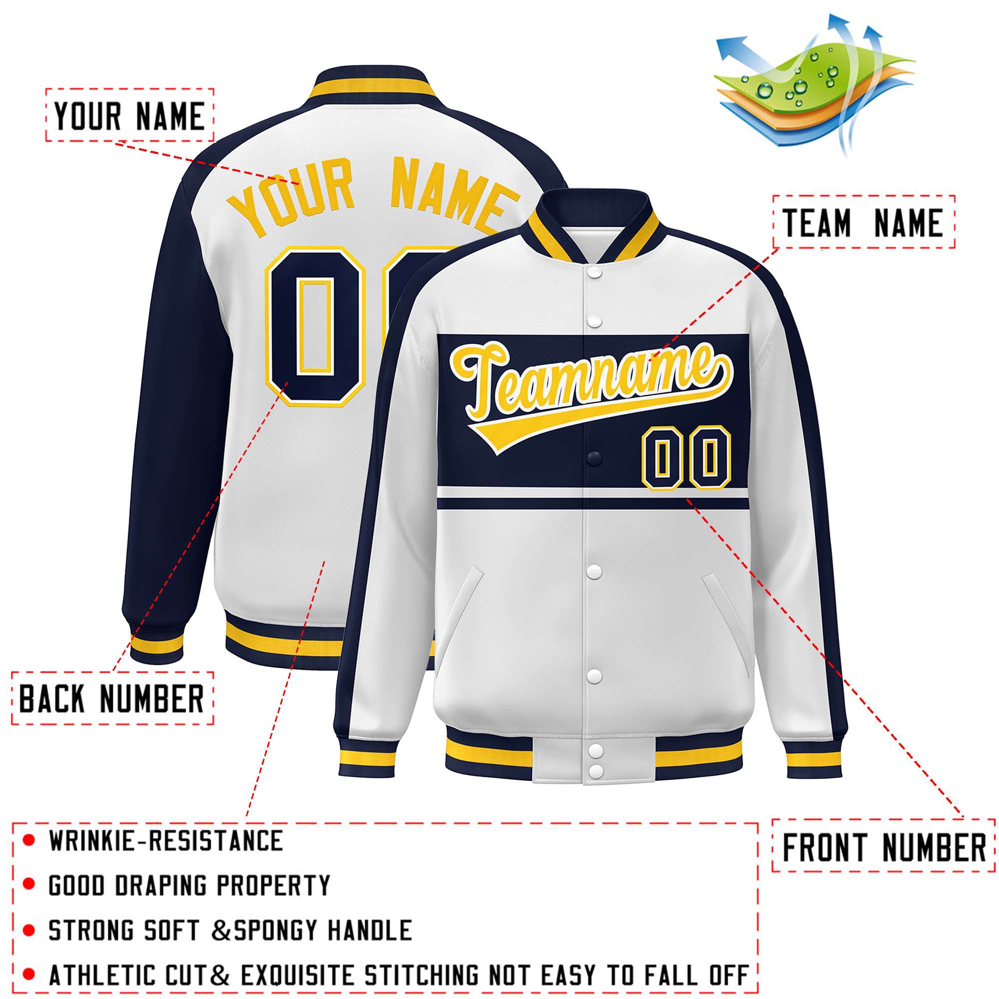 Custom White Navy-Gold Color Block Bomber Varsity Baseball Jacket