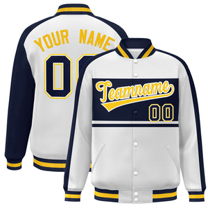 Custom White Navy-Gold Color Block Bomber Varsity Baseball Jacket