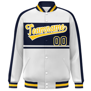 Custom White Navy-Gold Color Block Bomber Varsity Baseball Jacket