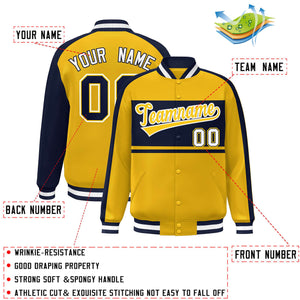 Custom Gold Navy-White Color Block Bomber Varsity Baseball Jacket