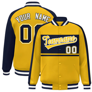 Custom Gold Navy-White Color Block Bomber Varsity Baseball Jacket