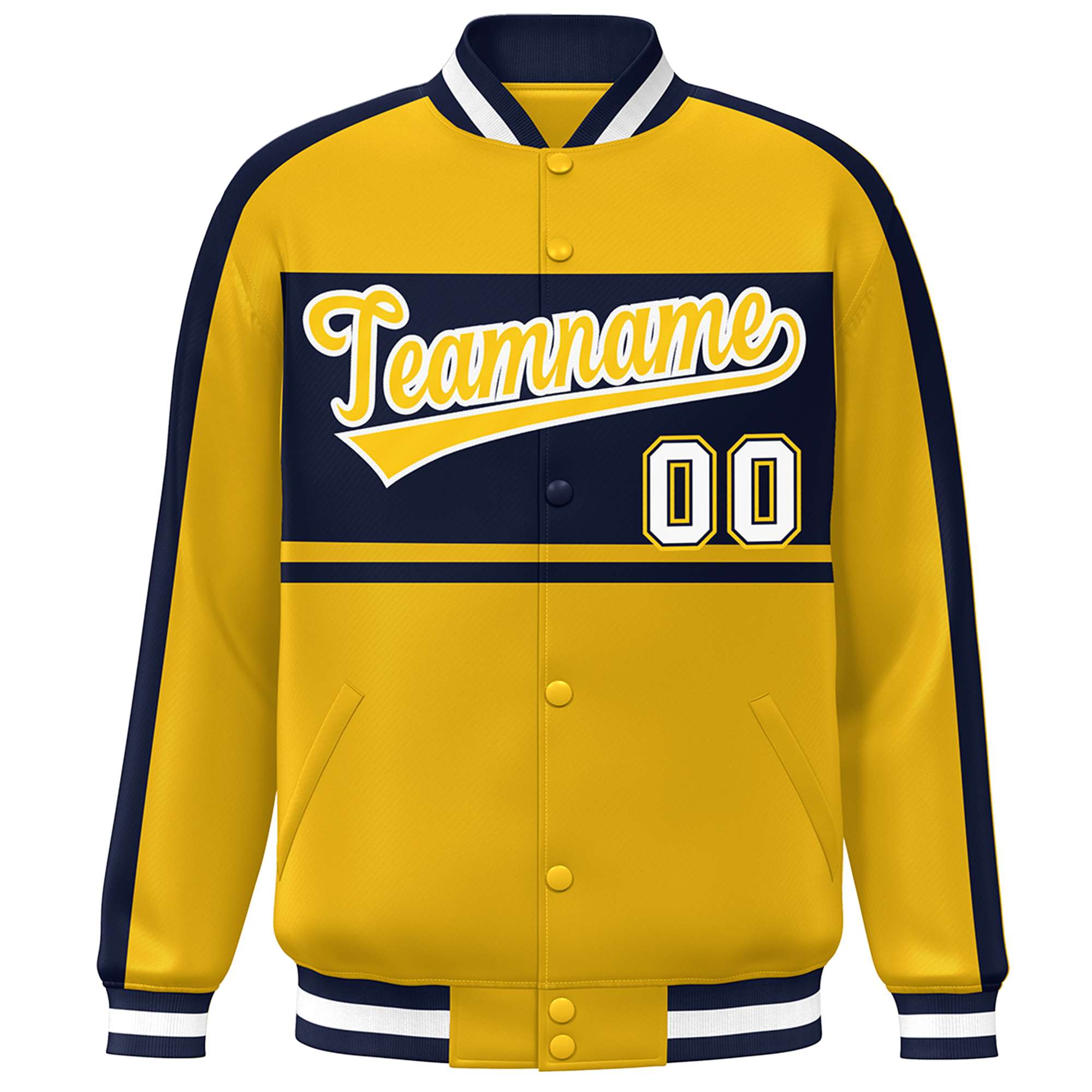 Custom Gold Navy-White Color Block Bomber Varsity Baseball Jacket