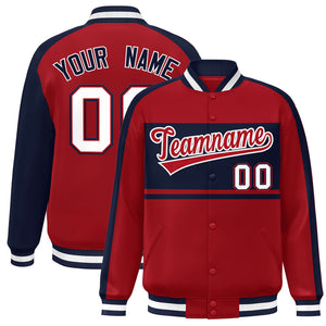 Custom Red Navy-White Color Block Bomber Varsity Baseball Jacket