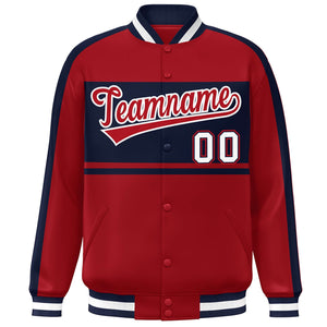 Custom Red Navy-White Color Block Bomber Varsity Baseball Jacket