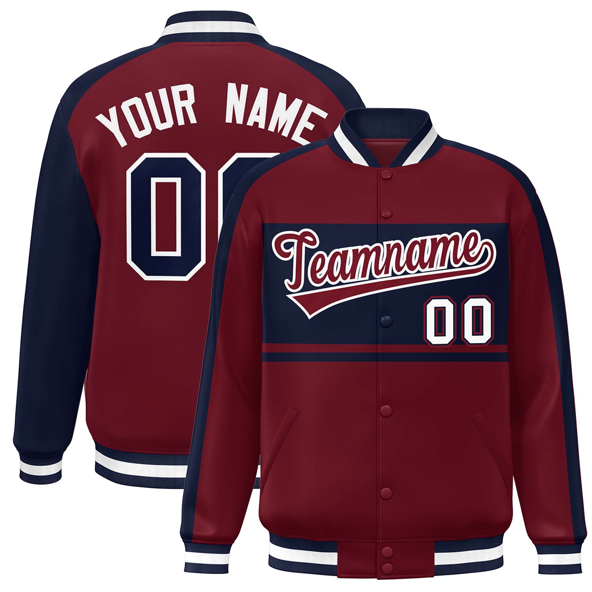 Custom Crimson Navy-White Color Block Bomber Varsity Baseball Jacket