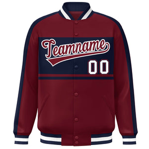 Custom Crimson Navy-White Color Block Bomber Varsity Baseball Jacket