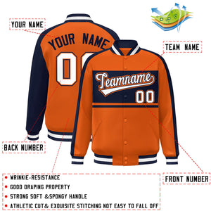 Custom Orange Navy-White Color Block Bomber Varsity Baseball Jacket