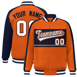 Custom Orange Navy-White Color Block Bomber Varsity Baseball Jacket