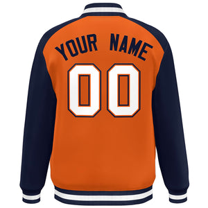 Custom Orange Navy-White Color Block Bomber Varsity Baseball Jacket