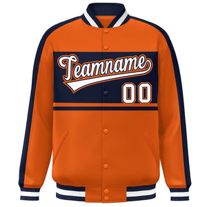 Custom Orange Navy-White Color Block Bomber Varsity Baseball Jacket