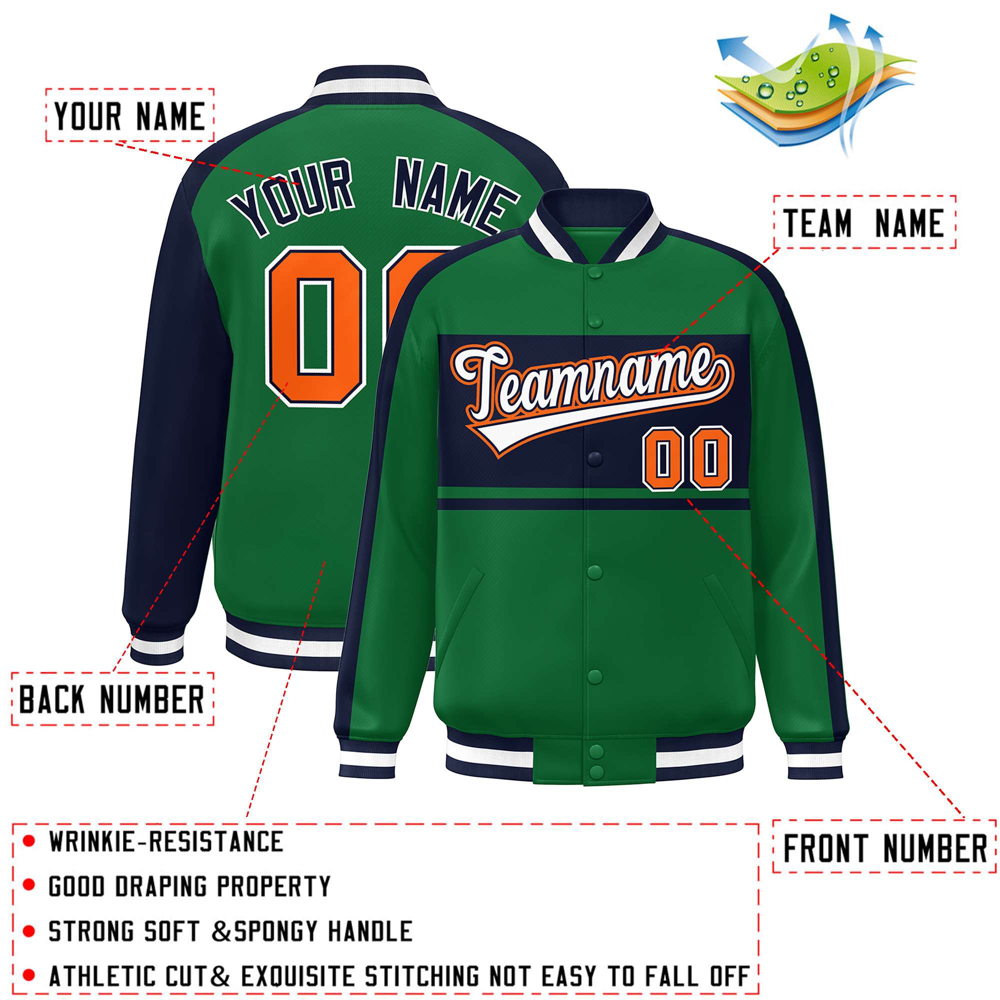 Custom Green Navy-White Color Block Bomber Varsity Baseball Jacket