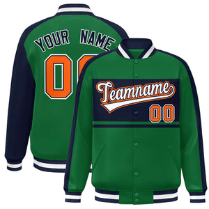 Custom Green Navy-White Color Block Bomber Varsity Baseball Jacket