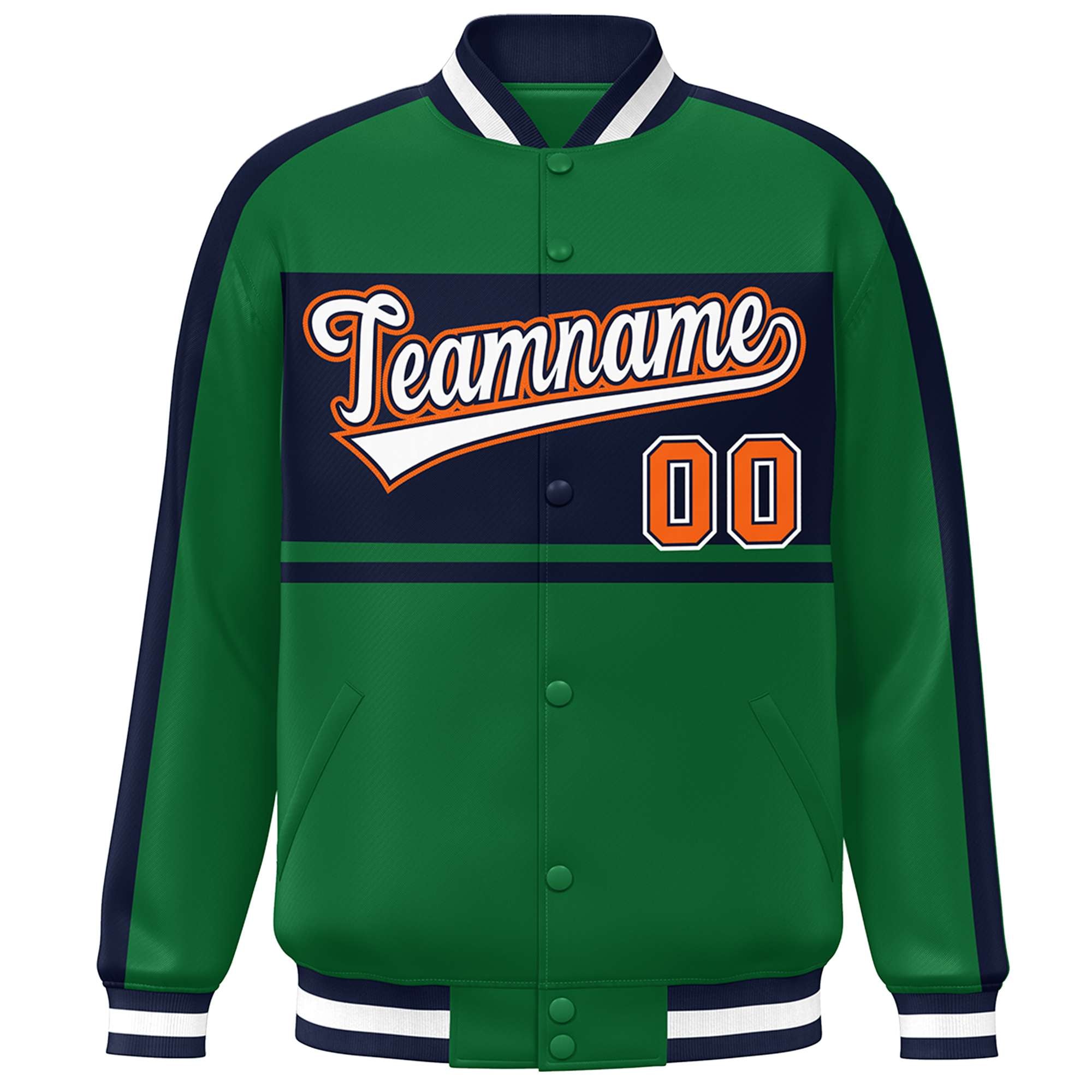 Custom Green Navy-White Color Block Bomber Varsity Baseball Jacket