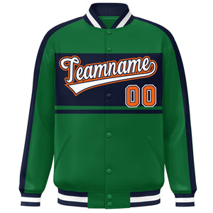 Custom Green Navy-White Color Block Bomber Varsity Baseball Jacket