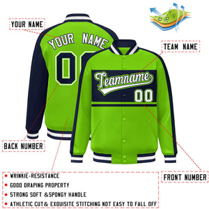 Custom Neon Green Navy-White Color Block Bomber Varsity Baseball Jacket