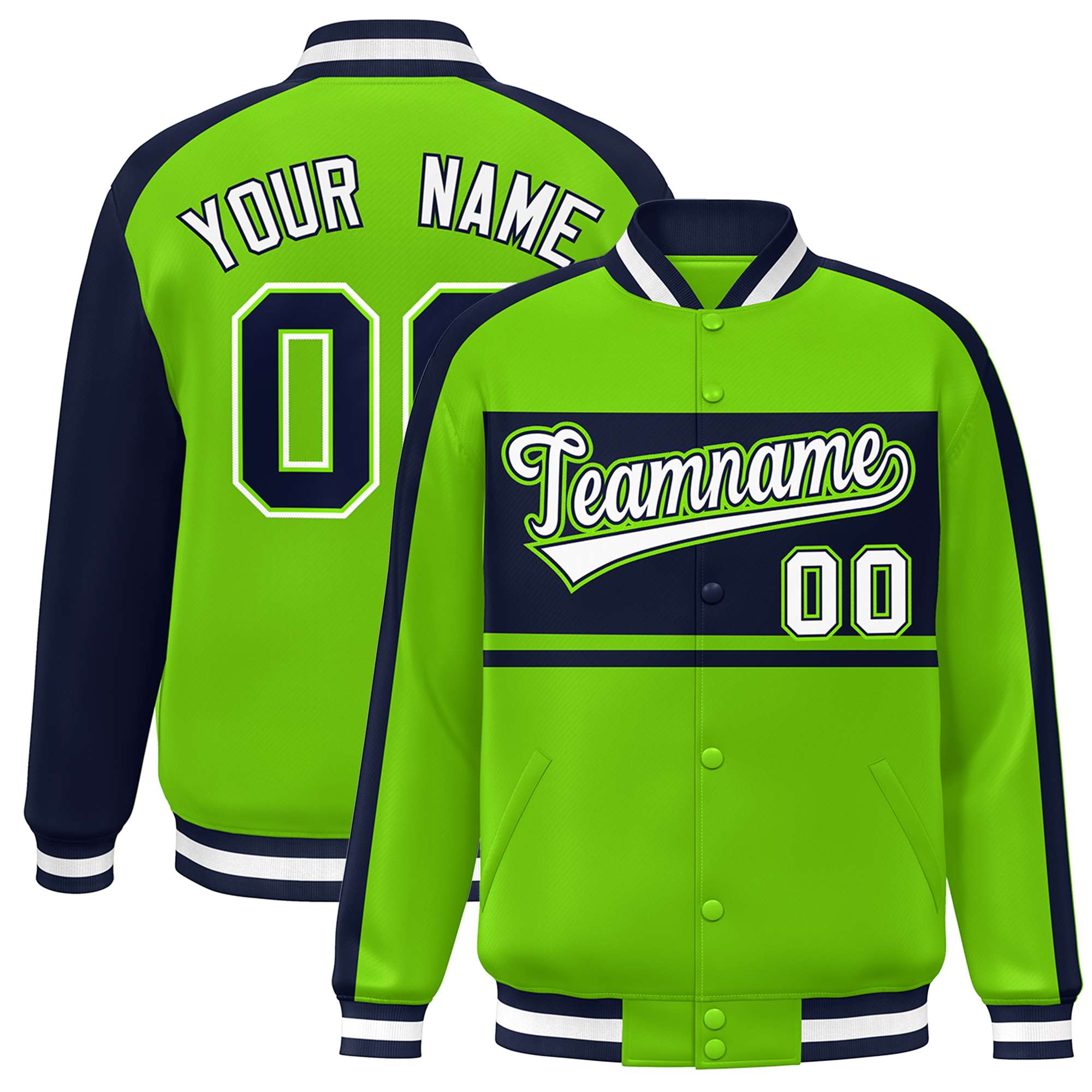 Custom Neon Green Navy-White Color Block Bomber Varsity Baseball Jacket