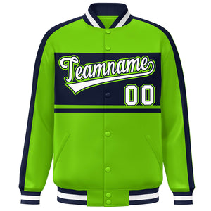 Custom Neon Green Navy-White Color Block Bomber Varsity Baseball Jacket