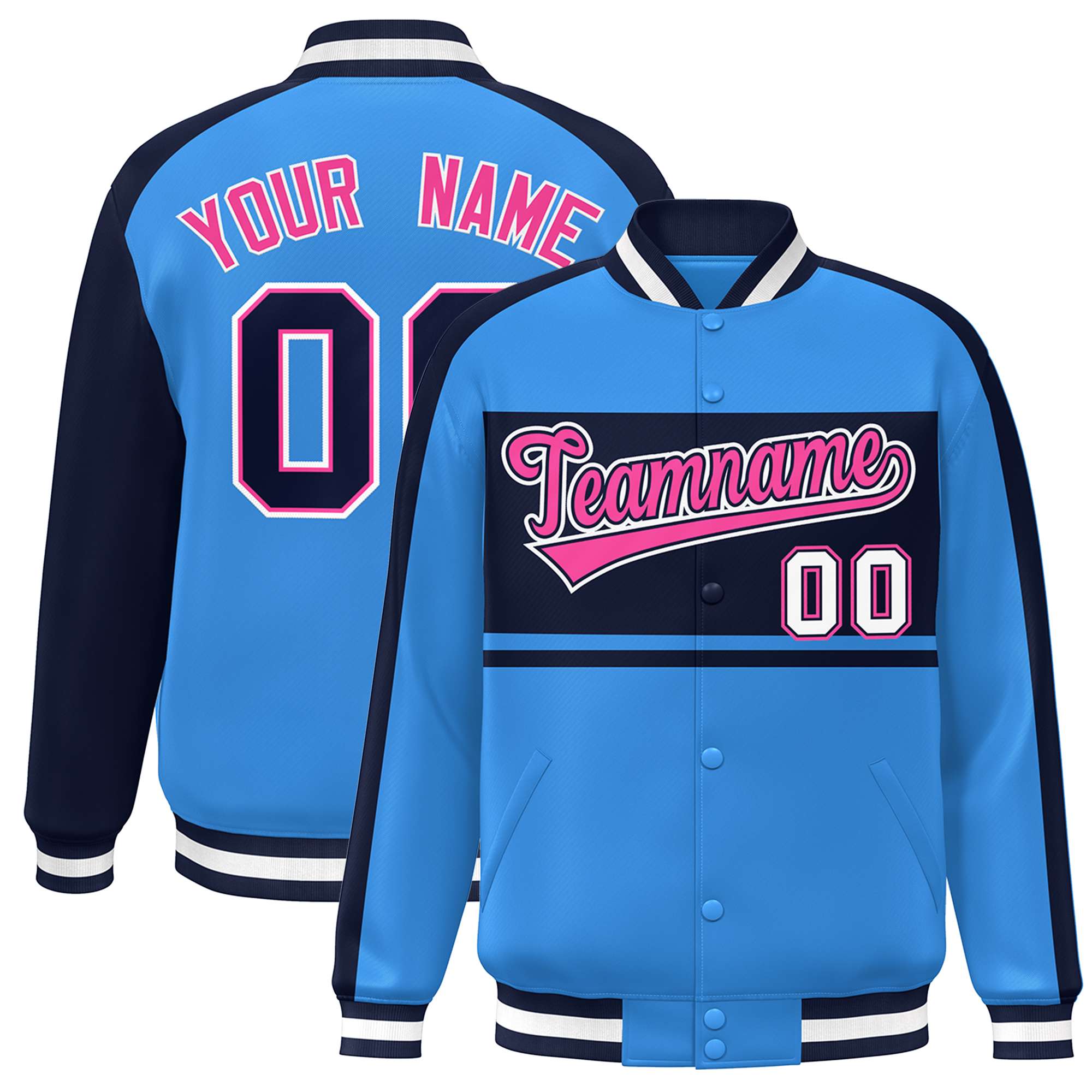 Custom Powder Blue Navy-Pink Color Block Bomber Varsity Baseball Jacket