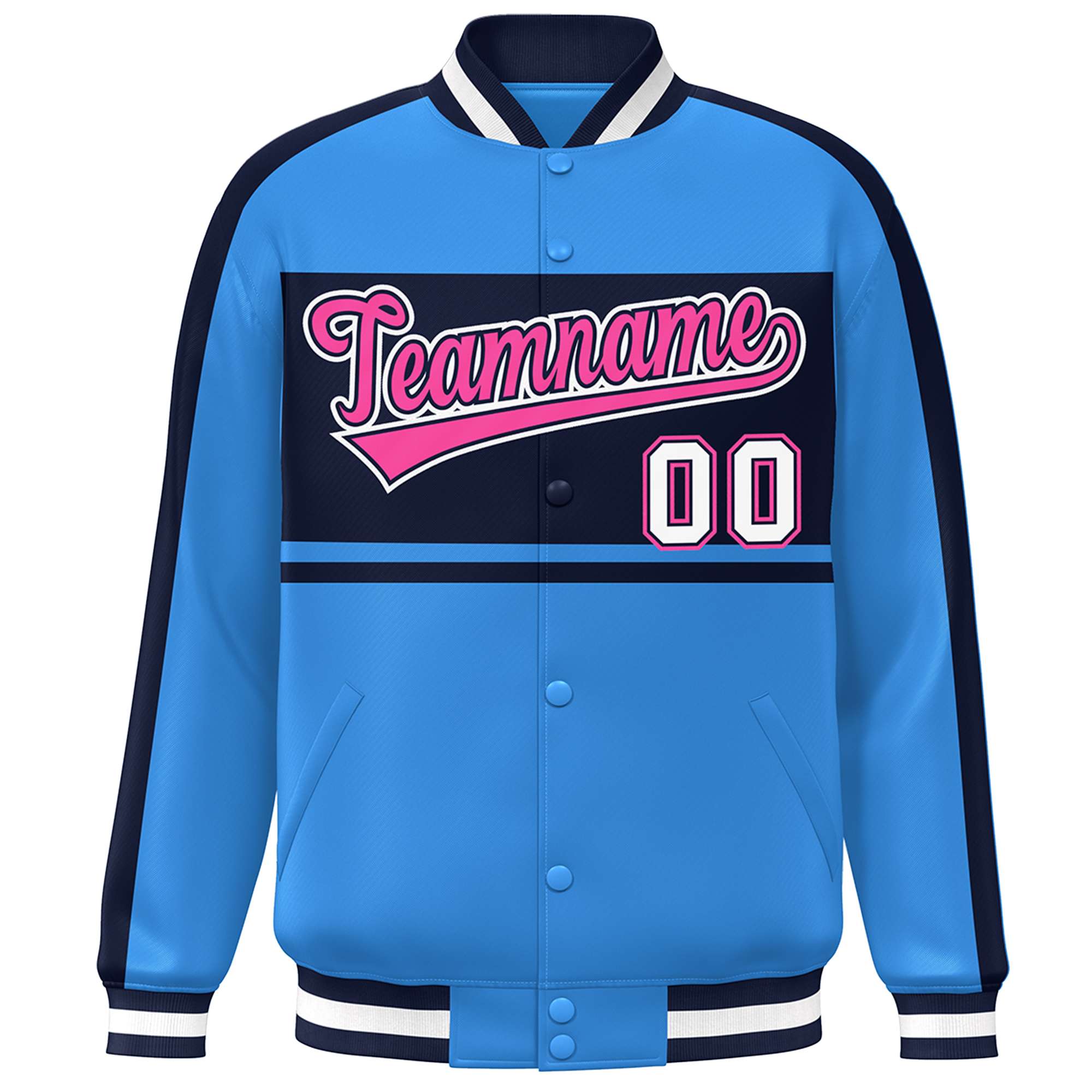 Custom Powder Blue Navy-Pink Color Block Bomber Varsity Baseball Jacket