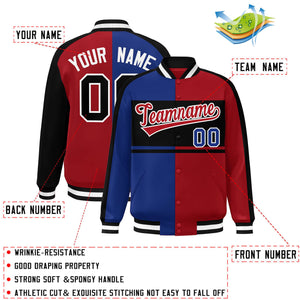 Custom Royal Red-Black Color Block Bomber Varsity Baseball Jacket