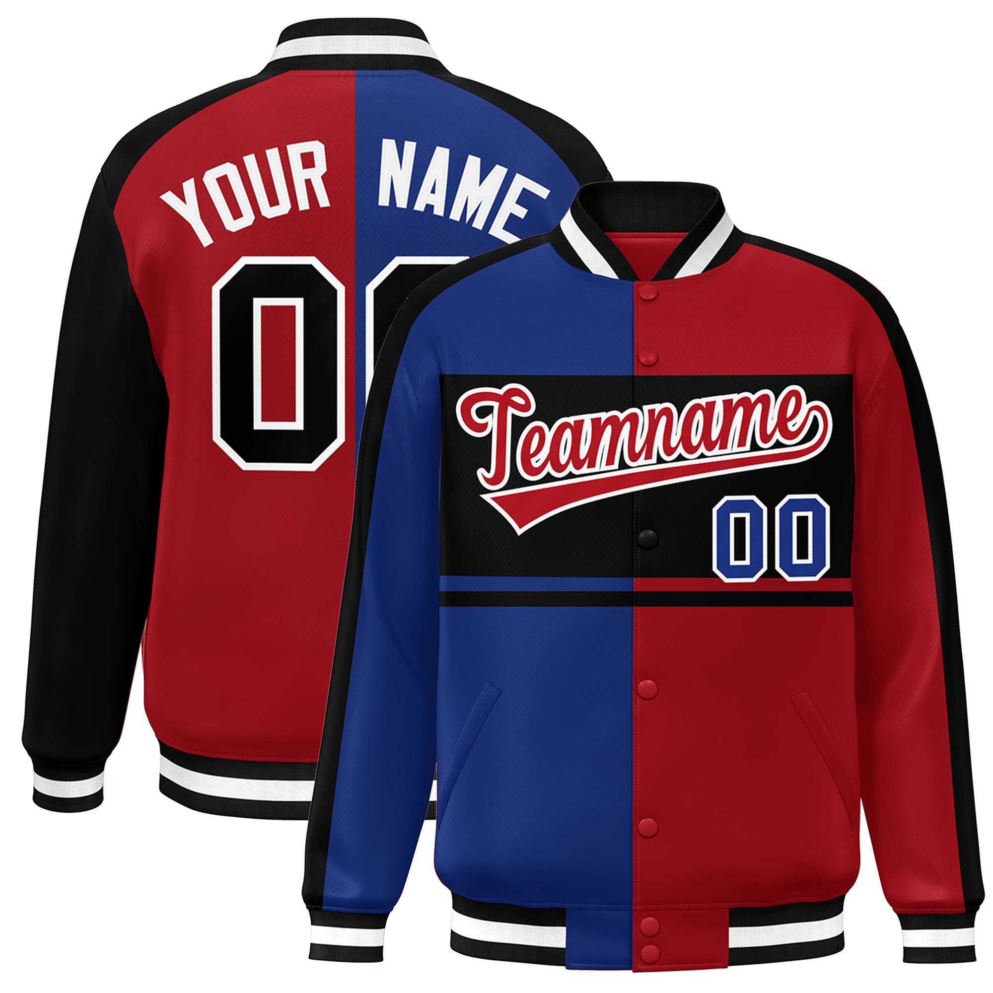 Custom Royal Red-Black Color Block Bomber Varsity Baseball Jacket