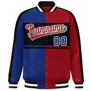 Custom Royal Red-Black Color Block Bomber Varsity Baseball Jacket