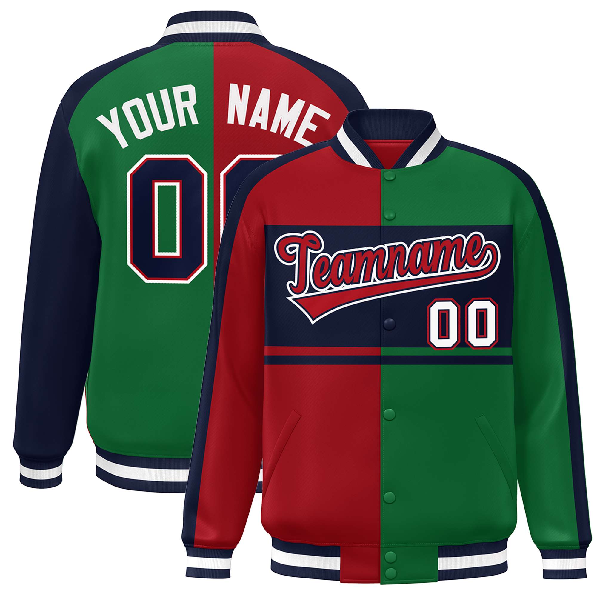 Custom Red Green-Navy Color Block Bomber Varsity Baseball Jacket