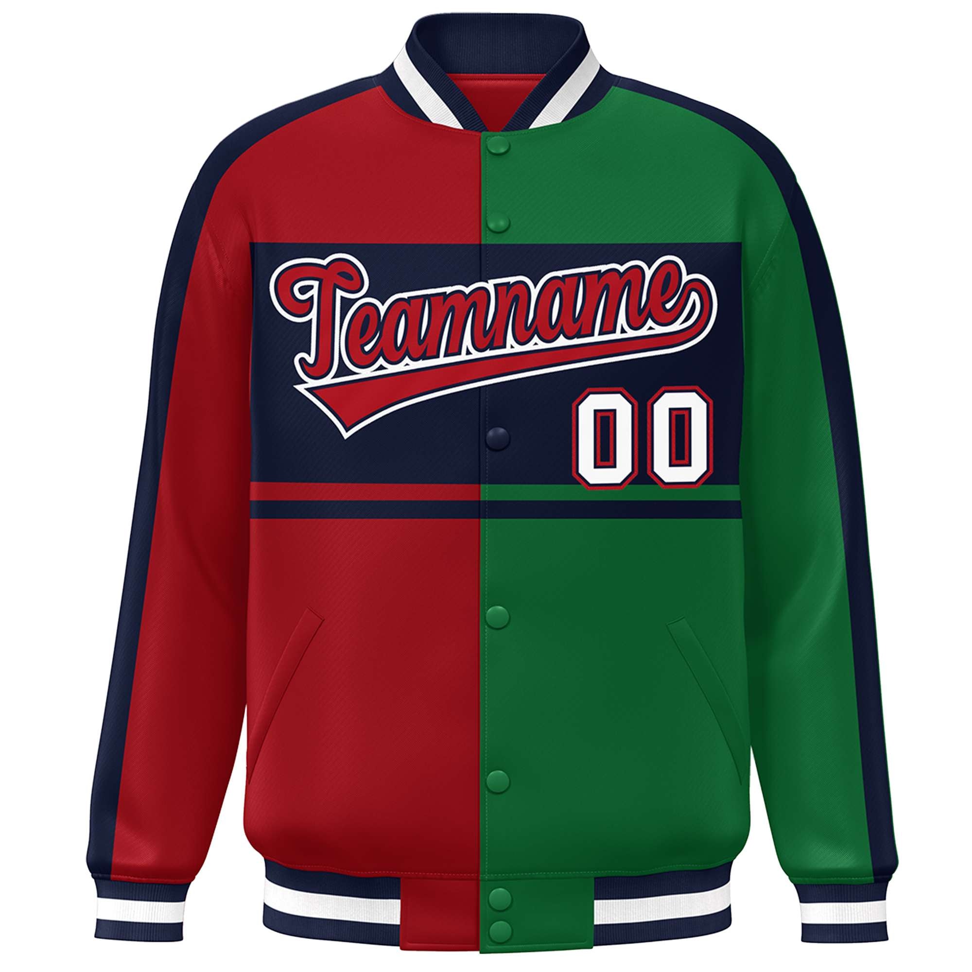 Custom Red Green-Navy Color Block Bomber Varsity Baseball Jacket