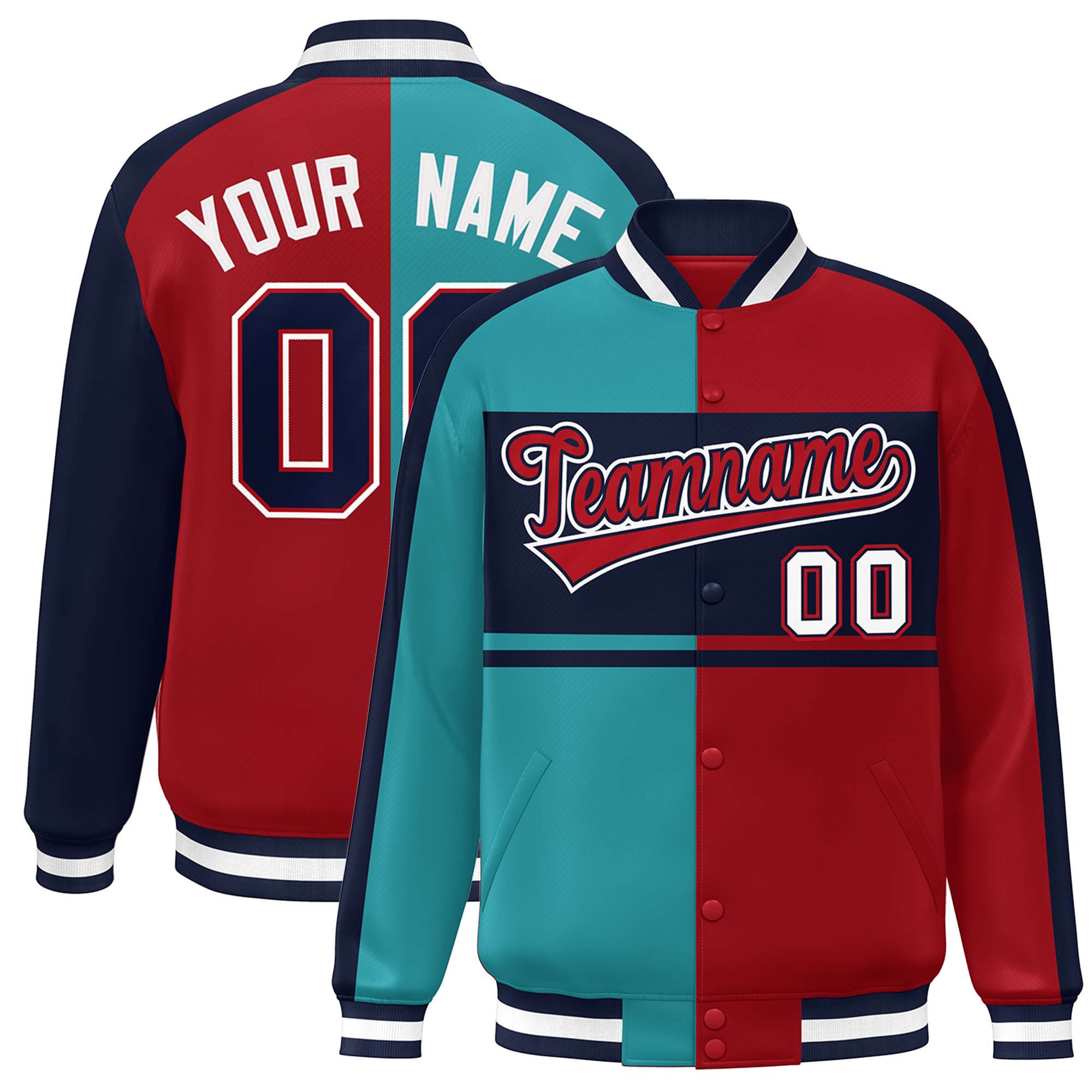 Custom Aqua Red-Navy Color Block Bomber Varsity Baseball Jacket